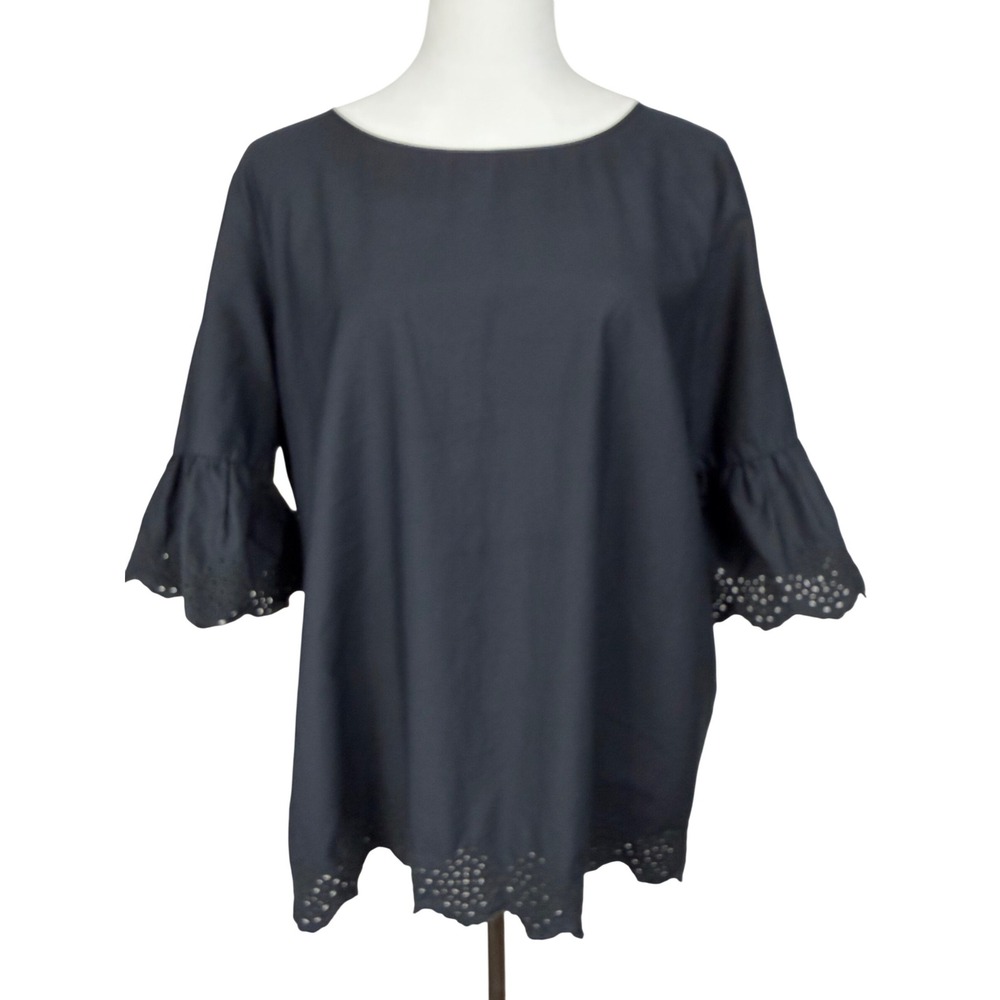 Ann Taylor Factory Eyelet Bell Sleeve Blouse Women L Black Cotton Top